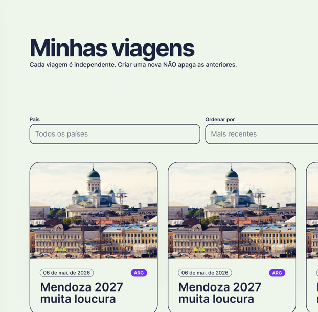 Tela com a lista de viagens, cada uma com foto e datas